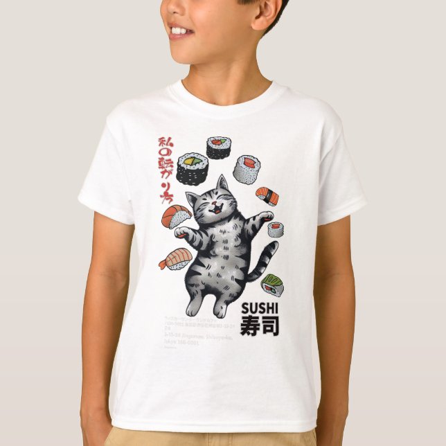 Anime-stil Sushi Cat Harajuku Tokyo Japan Cat Caf T Shirt (Framsida)