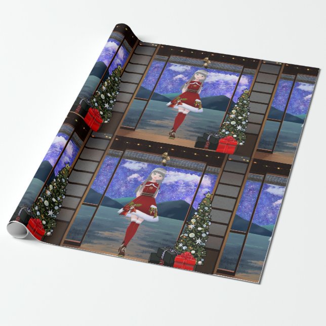 Anime Style Girl Christmas Wrapping Paper Presentpapper (Utrullad)