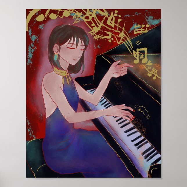 Anime-style Girl Playing Piano Poster  (Framsidan)