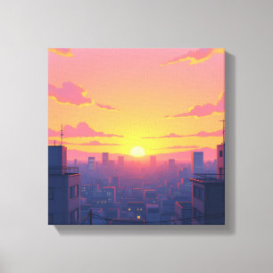 Anime Sunset Cityscape Stretched Kanvastryck
