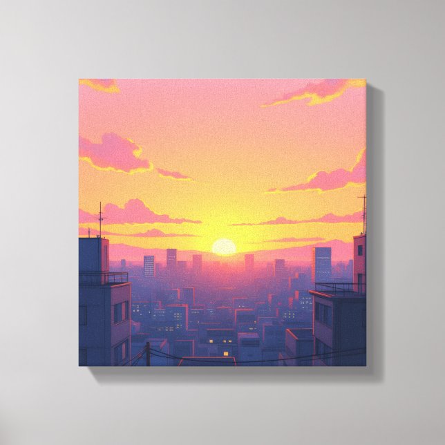 Anime Sunset Cityscape Stretched Kanvastryck (Framsida)