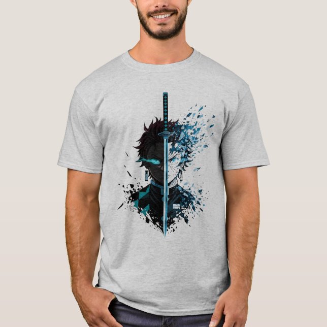 Anime Svärd Delad Ansikte Krigare – Blå Energidemo T Shirt (Framsida)