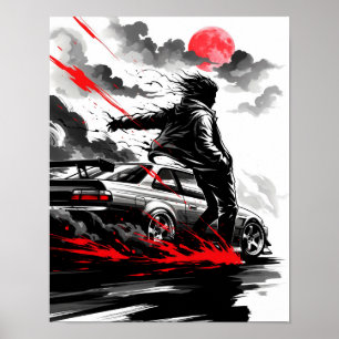 Anime Tävla Drift - Sumi-e Speed Art Poster