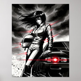 Anime Tävla Storm - Female Street Racer in Sumi-e Poster