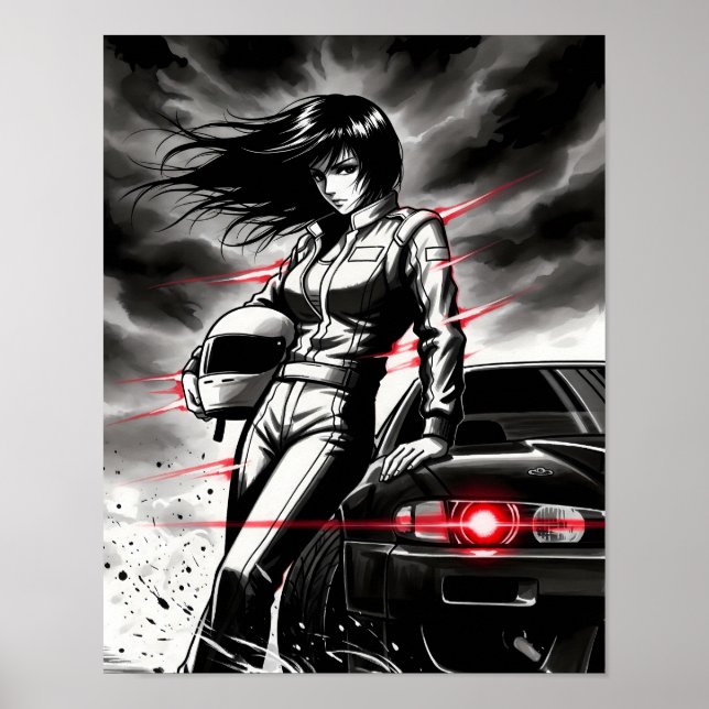 Anime Tävla Storm - Female Street Racer in Sumi-e Poster (Framsidan)