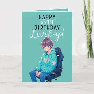 Anime Teal and Black Gamer Anpassningsbar Age Birt Kort