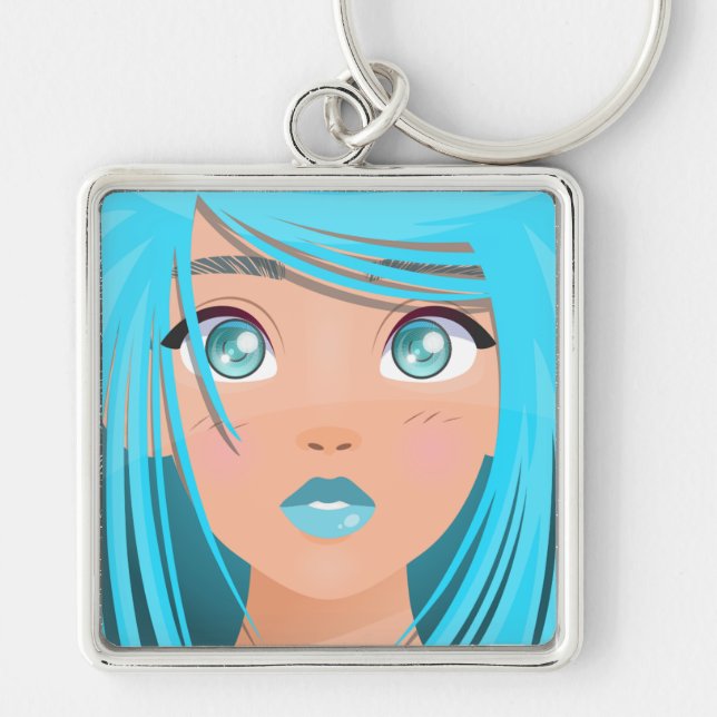 ANIME TECKNAD GIRL FYRKANTIG SILVERFÄRGAD NYCKELRING (Framsidan)