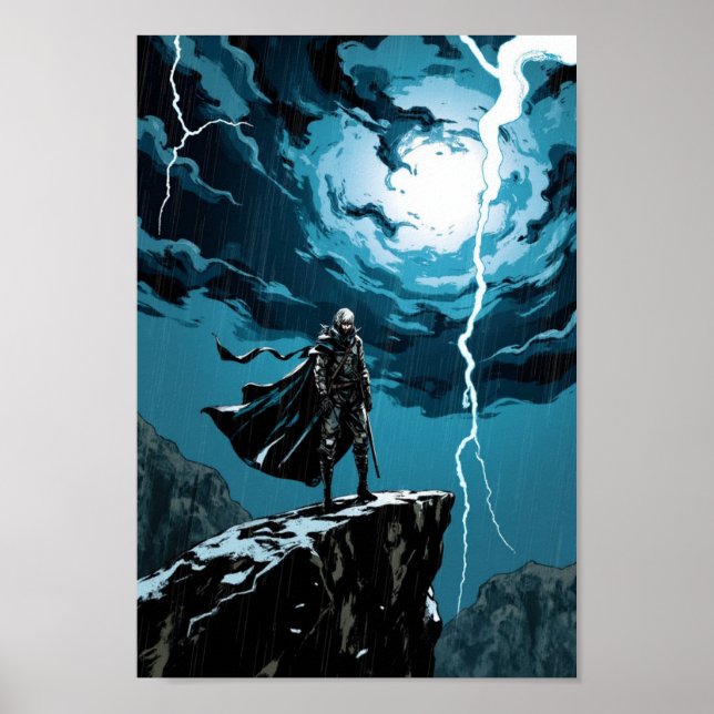 Anime Thunderstorm Cliff Warrior Wall Art Poster (Framsidan)