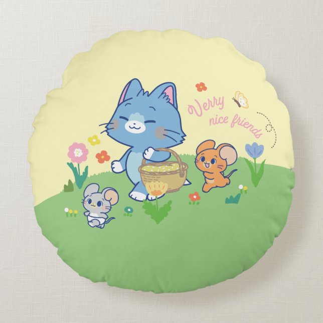 Anime Tom, Jerry och Tuffy Picnic Rund Kudde (Framsidan)