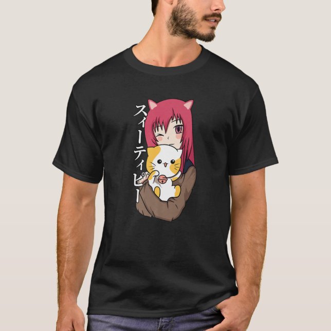 Anime Tonåring Girl - Cat Lover - Japansk kulturko T Shirt (Framsida)