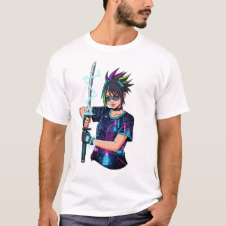 Anime Warrior Girl - Cyberpunk Neon Katana T Shirt