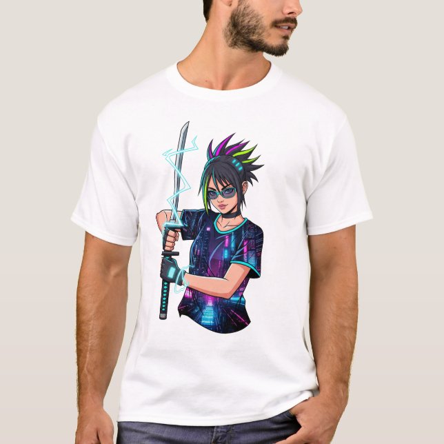 Anime Warrior Girl - Cyberpunk Neon Katana T Shirt (Framsida)