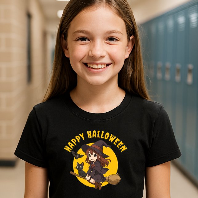 Anime Witch & Cat på Broom Girls Halloween T Shirt (Skapare uppladdad)