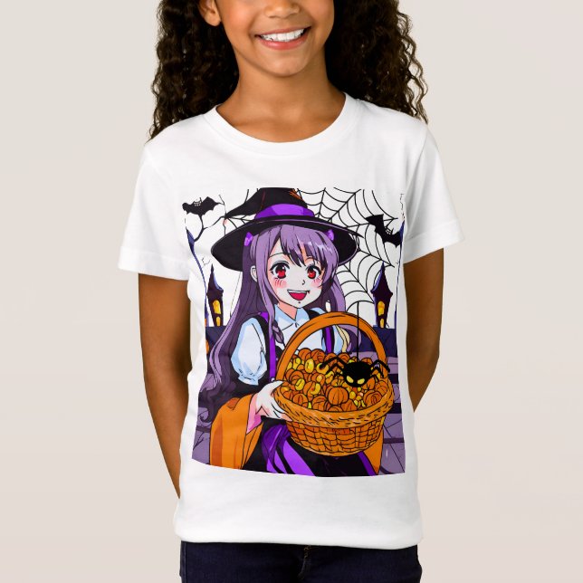 Anime Witch med Basket av Pumpkins T Shirt (Framsida)
