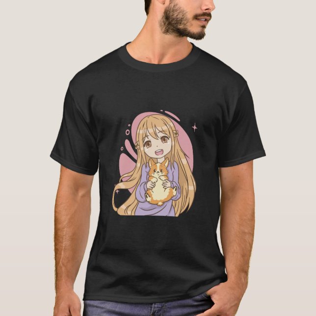 Anime Woman med Corgi T Shirt (Framsida)