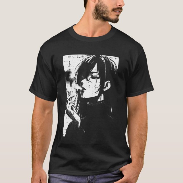 Anime Woman Smoking Japanese Manga Art Emo Otaku M T Shirt (Framsida)