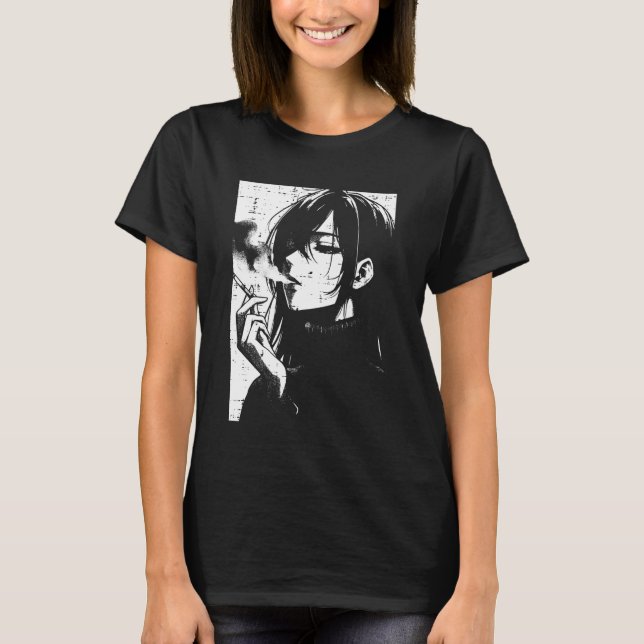 Anime Woman Smoking Japanese Manga Art Emo Otaku M T Shirt (Framsida)