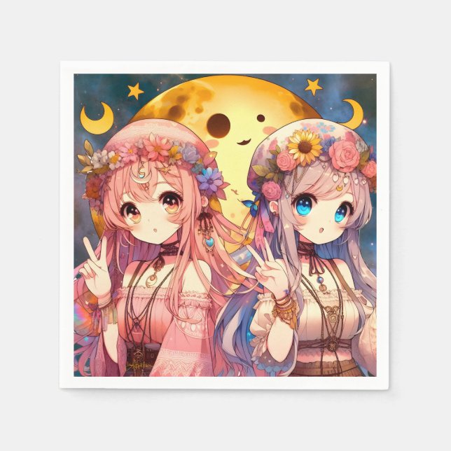 Animeflicka Hippie Månen Flickor Ger Fredstecken Pappersservett (Framsidan)
