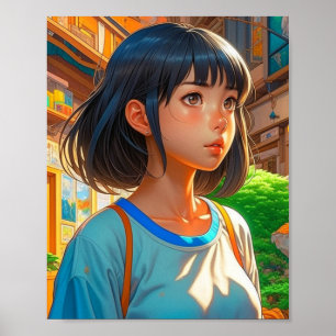 Animeflicka i den färgstarka konstnärliga staden poster