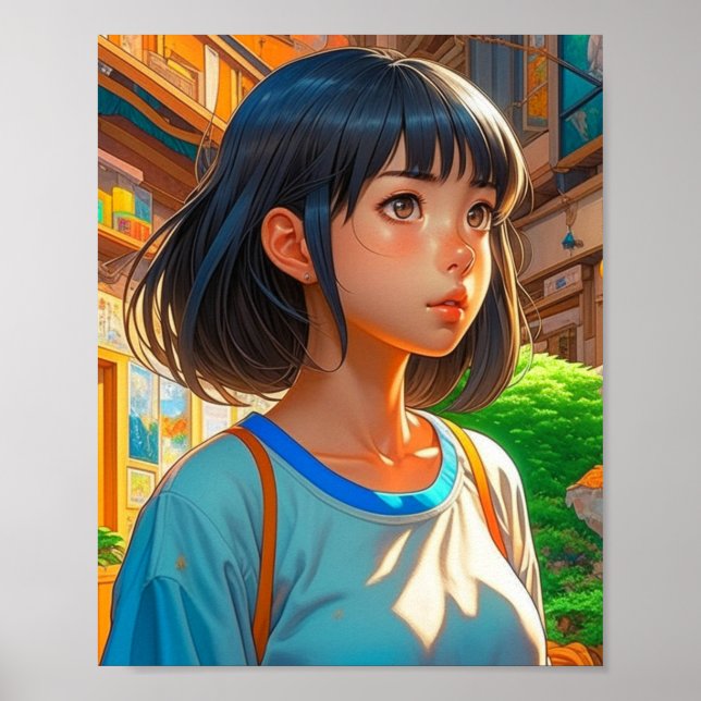 Animeflicka i den färgstarka konstnärliga staden poster (Framsidan)