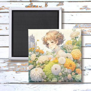 Animeflicka i gula blommor magnet