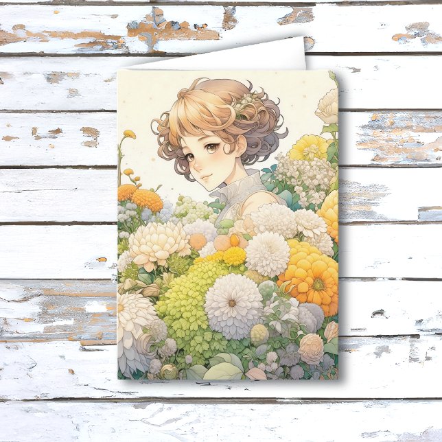 Animeflicka i gula blommor Personlig födelsedag Kort (Skapare uppladdad)