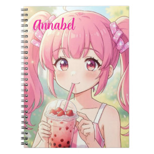 Animeflicka i rosa dricker bubbelte Anpassa Anteckningsbok