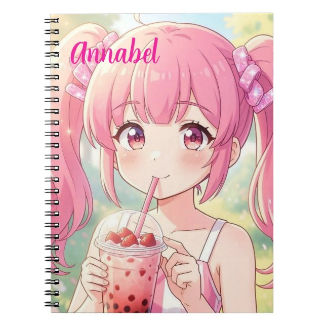 Animeflicka i rosa dricker bubbelte Anpassa Anteckningsbok (Framsidan)