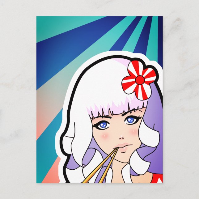 Animeflicka med ätpinnar vykort (Framsida)