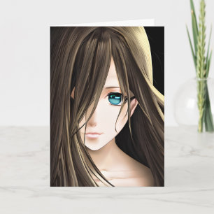 Animeflicka med brunt hår och blå ögon kort