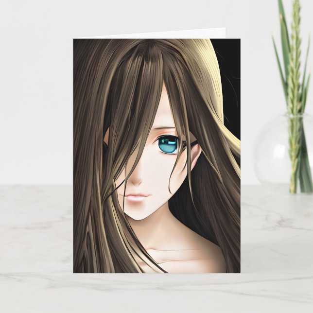 Animeflicka med brunt hår och blå ögon kort (Framsida)