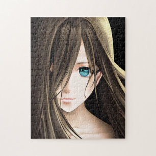 Animeflicka med brunt hår och blå ögon pussel