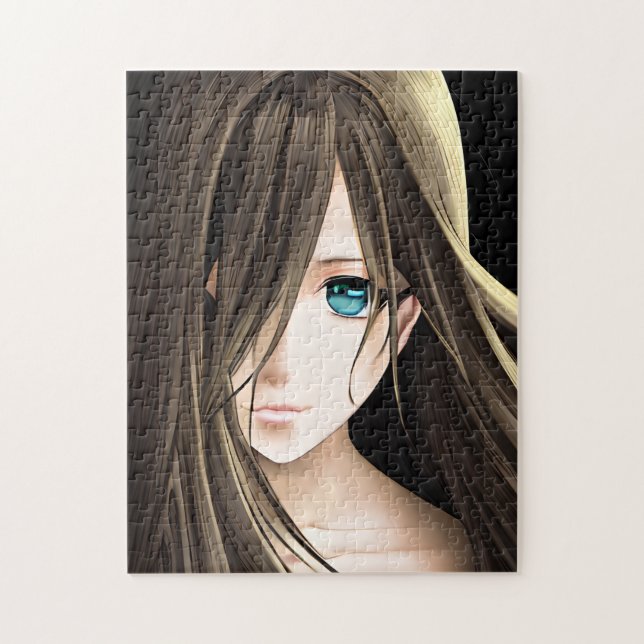 Animeflicka med brunt hår och blå ögon pussel (Vertikal)