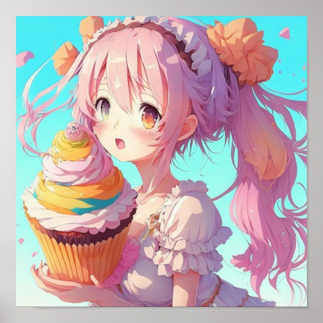 Animeflicka med fantasifull Cupcake Poster (Framsidan)