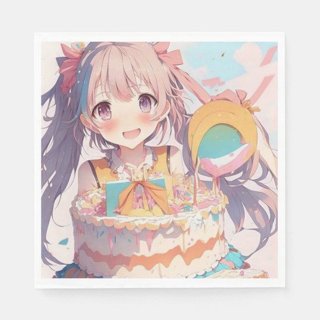 Animeflicka med fantasifull födelsedag pappersservett (Framsidan)