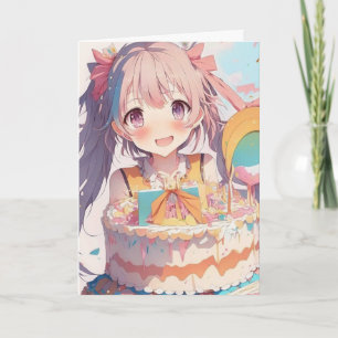 Animeflicka med födelselsedagstårta och målsida kort
