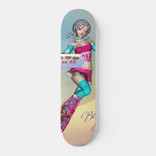 Animeflicka med kakaskateboarden old school skateboard bräda 21,6 cm (Framsida)