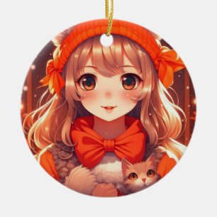 Animeflicka med orange katt jul julgransprydnad keramik