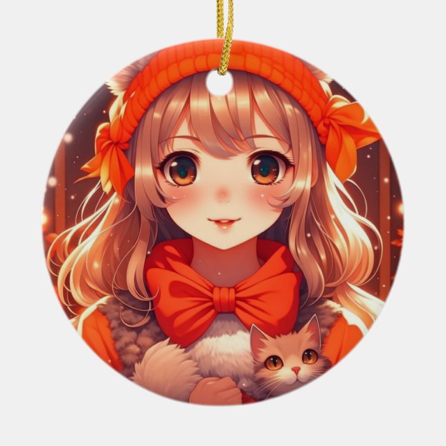 Animeflicka med orange katt jul julgransprydnad keramik (Framsidan)