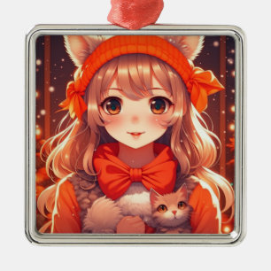 Animeflicka med orange katt jul julgransprydnad metall