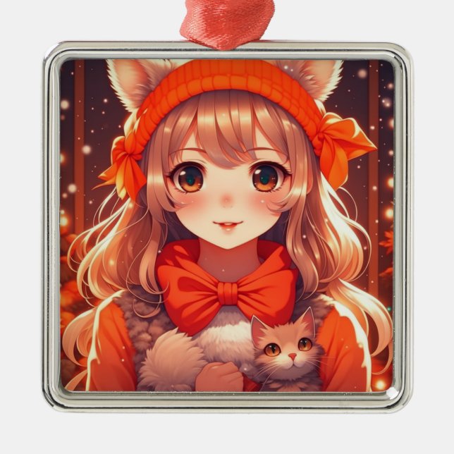 Animeflicka med orange katt jul julgransprydnad metall (Framsidan)