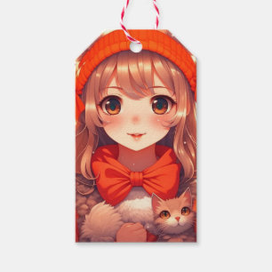 Animeflicka med orange katt jul presentetikett
