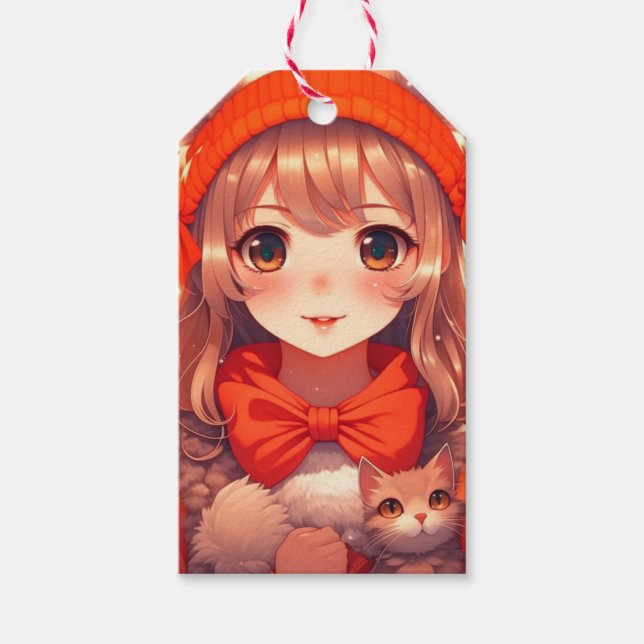 Animeflicka med orange katt jul presentetikett (Framsidan)