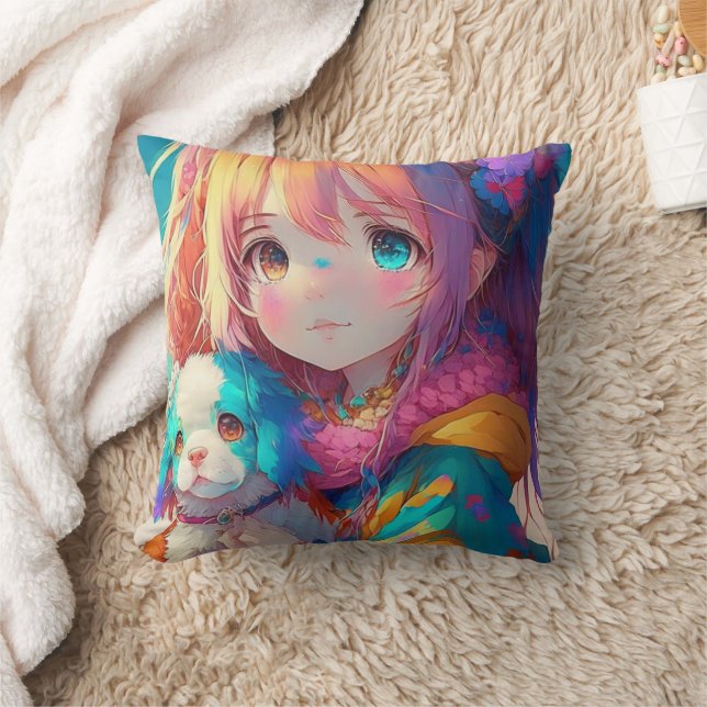Animeflicka med valp kudde (Filt)