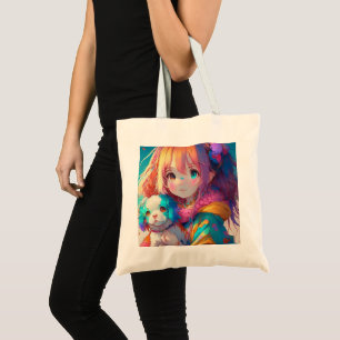 Animeflicka med valp tygkasse