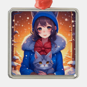 Animeflicka och en kattunge Vinterjul Julgransprydnad Metall