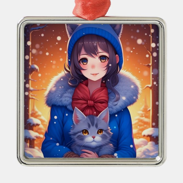Animeflicka och en kattunge Vinterjul Julgransprydnad Metall (Framsidan)