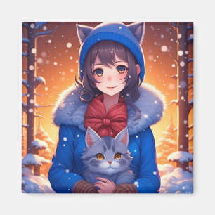 Animeflicka och en kattunge Vinterjul Magnet