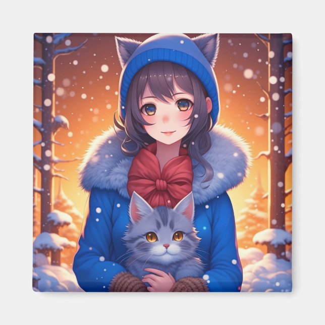 Animeflicka och en kattunge Vinterjul Magnet (Framsidan)