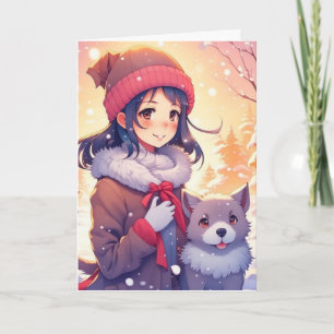 Animeflicka och hund med julbakgrund kort